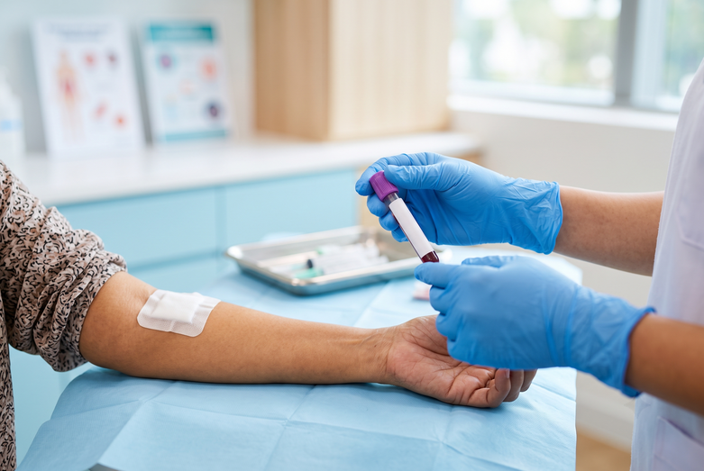 Nurse drawing a small blood sample for the AgeQ biological age test at Central 24-HR Clinic