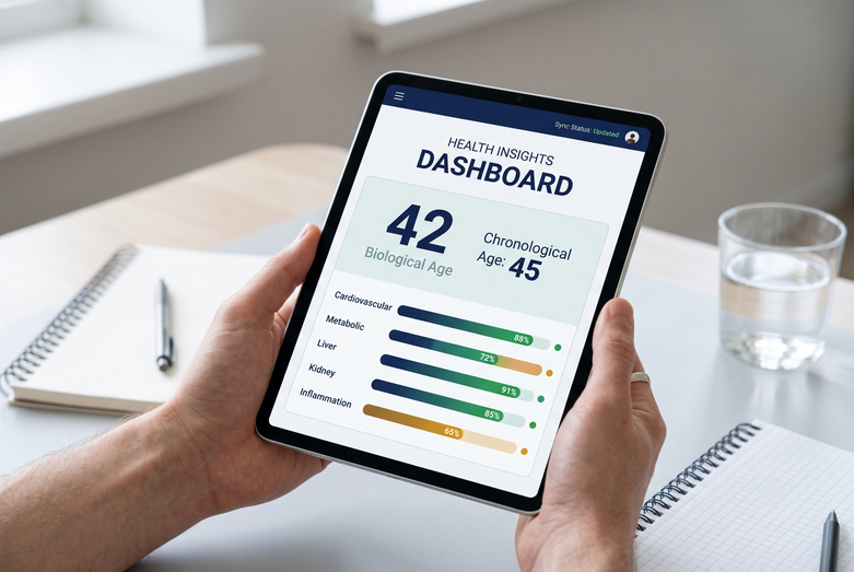 Sample AgeQ biological age report on a tablet showing biological age and chronological age