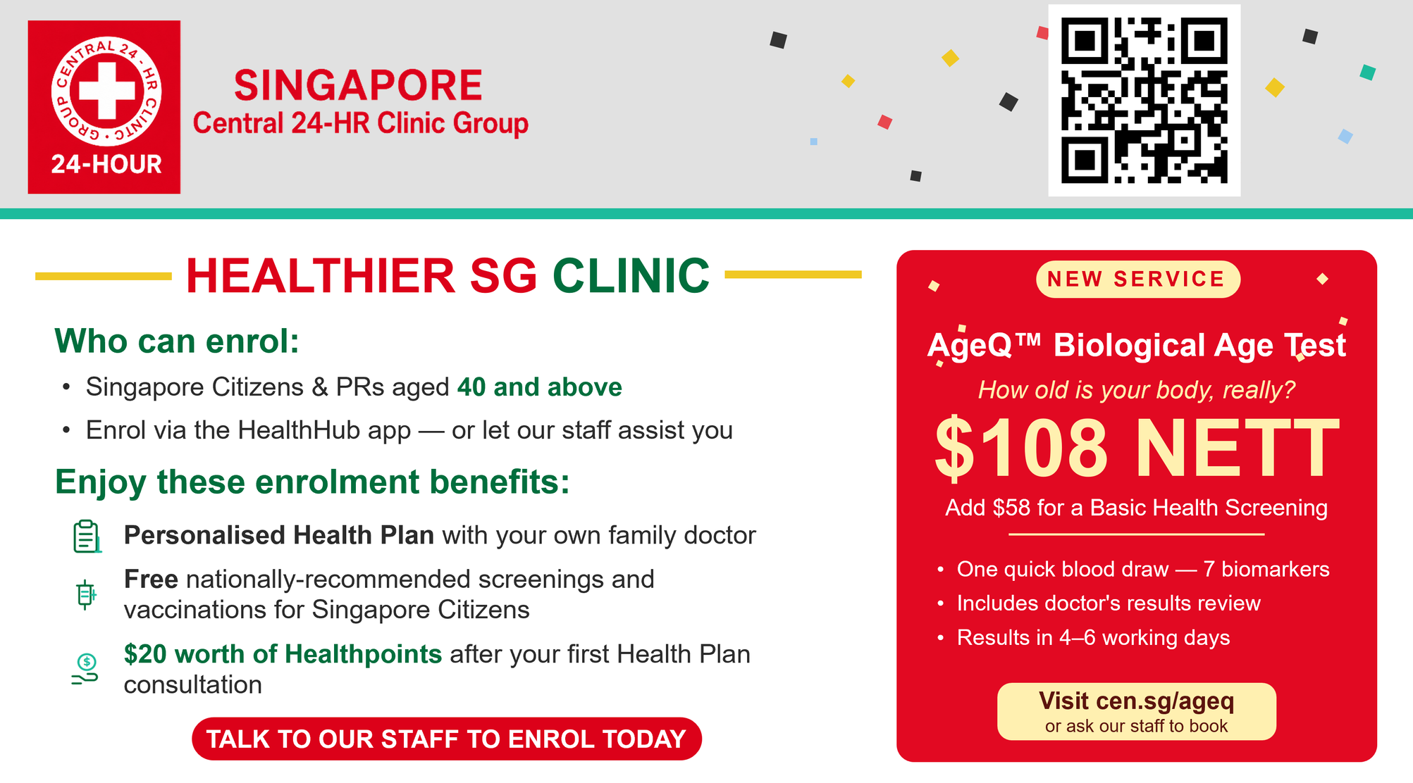 Central 24-HR Clinic Group is a Healthier SG Clinic and offers AgeQ Test.